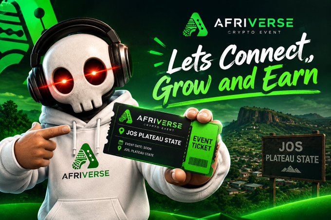 Promotional graphic for 'Afriverse Crypto Event' with the tagline 'Lets Connect, Grow and Earn,' featuring a hooded skull mascot holding an event ticket for Jos Plateau State, scheduled soon.