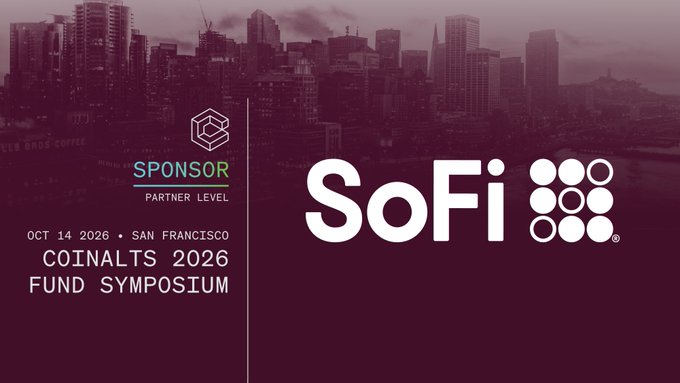A promotional graphic for the SoFi-sponsored CoinAlts 2026 Fund Symposium on Oct 14, 2026 in San Francisco, set against a city skyline.