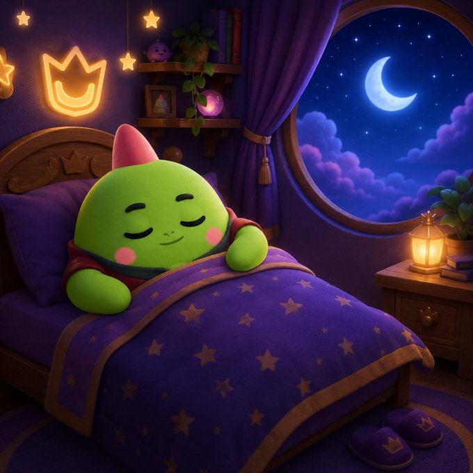 The image features a cartoon character, specifically a green monster or frog, sleeping peacefully in bed with purple sheets. The creature appears to be wearing a crown, adding a whimsical touch to its appearance. The scene takes place at night, with a window nearby that allows for natural light and starry night views. The overall atmosphere of the image is calm and serene, emphasizing the importance of rest and relaxation in our daily lives.