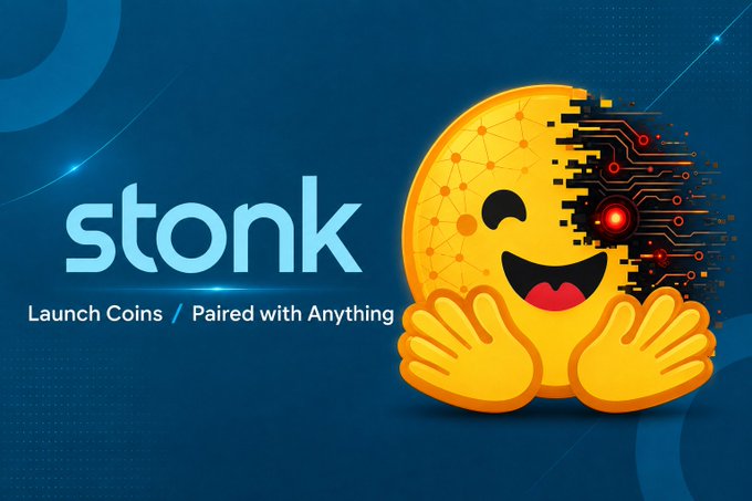 The image features the "stonk" logo with a smiling emoji character that has a circuit-board design on one side, alongside the tagline "Launch Coins / Paired with Anything." The post's reference to "$HACK" ties into the platform's offering of easily launching and trading various crypto tokens, suggesting a new coin launch on the stonk platform.