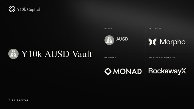 A promotional graphic for the **Y10k AUSD Vault**, highlighting its key specifications: the **AUSD** asset, **Morpho** protocol, **Monad** network, and **RockawayX** as risk operations partner. The image ties to the announcement by showcasing the vault's details on the Monad network that Y10k Capital is joining.