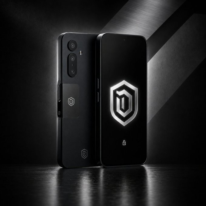 A promotional image of two black smartphones (showing front and back views) with a hexagonal shield logo on the screen, displayed against a dark background.