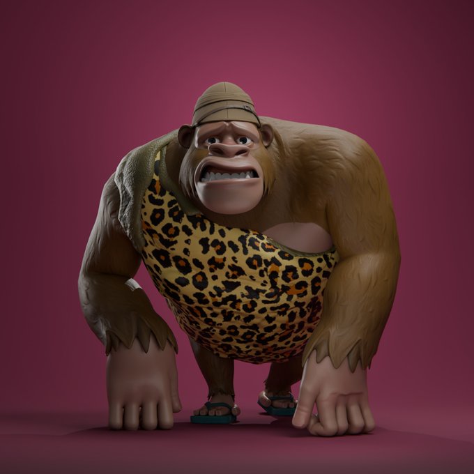 A 3D rendered illustration of a cartoon gorilla wearing a leopard-print shirt, a headband, and flip-flops, standing with a slightly awkward expression against a magenta background.