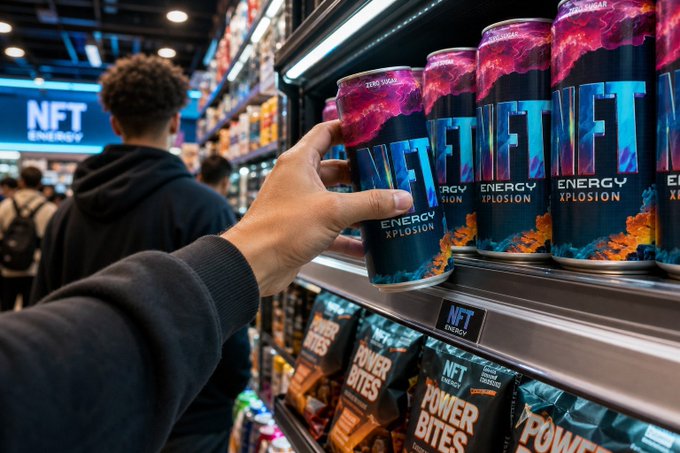 A customer's hand reaches for a can of "NFT ENERGY XPLOSION" on a store shelf, with a digital "NFT Energy" display in the background.