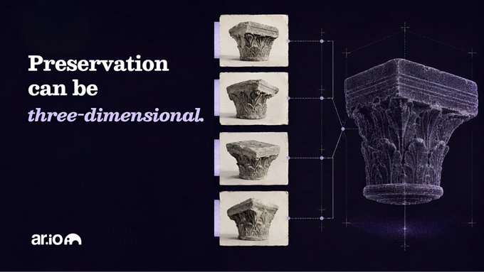 The image features the text "Preservation can be three-dimensional." alongside the Ar.io logo, showing a progression of four traditional photographs of a stone architectural capital transforming into a detailed 3D digital model on the right, illustrating how Ar.io Network enables cultural heritage preservation through interactive 3D digital references rather than static images.