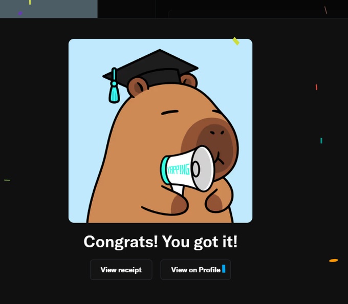 A cartoon bear in a graduation cap holds a megaphone labeled "YAPPYBAR" with the text "Congrats! You got it!" displayed below, alongside buttons to "View receipt" and "View on Profile." The image serves as a confirmation screen showing the user's successful purchase of a Yapybara NFT, which the post describes as a strategic investment for Kaito airdrop multipliers.