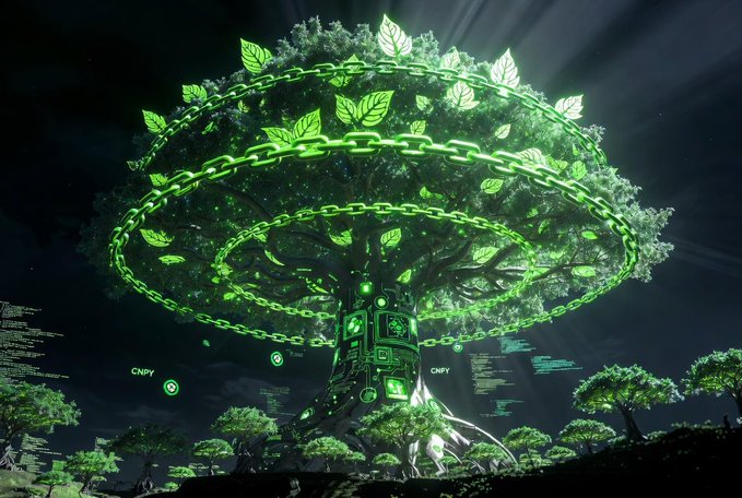 A digital artwork features a glowing green tree adorned with chains and surrounded by floating leaves, with holographic data and the text 'CNFY' visible in the background.