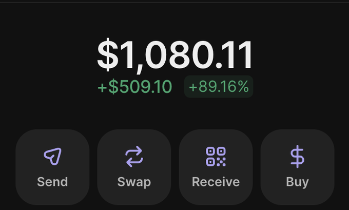 The image shows a screenshot of an app interface with a black background, displaying a message that reads "10 sol starting lets run it up". This suggests that there might be some sort of challenge or game within the app, possibly related to cryptocurrency trading. The app is designed for users to send and receive cryptocurrency, as indicated by the green dollar sign symbol in the top left corner.