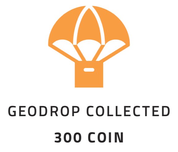 A graphic showing an orange parachute icon with the text 'GEODROP COLLECTED' and '300 COIN' below it.