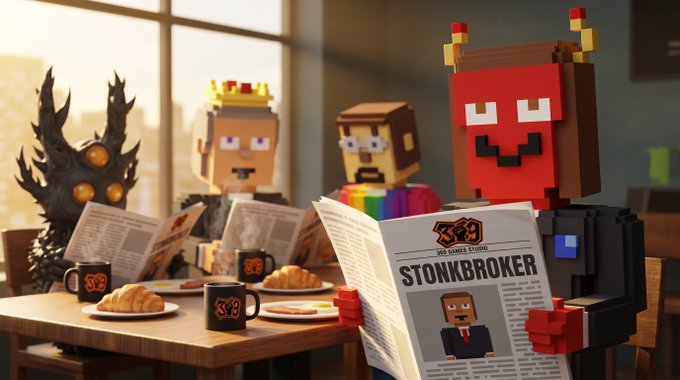 3D-rendered Minecraft-style characters sitting at a table with pastries and mugs, including a red devil-like character reading a newspaper titled 'STONKBROKER' from 'BGS GAMES STUDIO'.