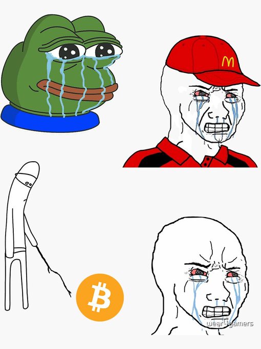 A meme illustration showing a crying Pepe frog, a crying McDonald's-style mascot, a simple stick figure pulling a Bitcoin coin, and a crying Wojak face.