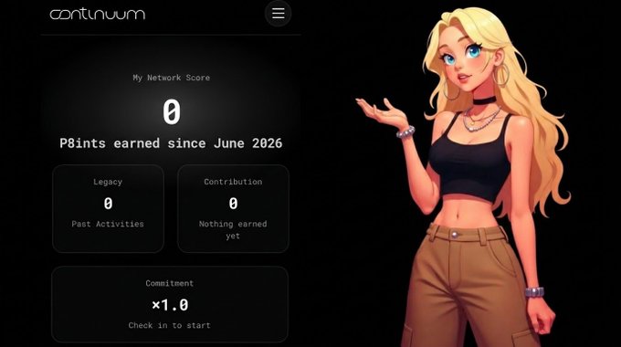 A dashboard interface for 'continuum' showing a Network Score of 0 'P8ints earned since June 2026', alongside an illustrated blonde character.