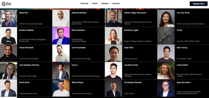 A lineup of 20 speakers for the Sui Basecamp 2026 conference, displayed in a grid with headshots, names, and titles, including Raoul Pal (CEO & Co-Founder, Real Vision), Adeniyi Abiodun (Co-Founder & Chief Product Officer, Mysten Labs), Himanshu Vaghela (CEO, Feenix Creations) and Jenn Zhu Scott (CEO & Co-Founder, Power Dynamics), alongside other industry leaders from Mysten Labs, Coinbase, Walrus Foundation, and more.