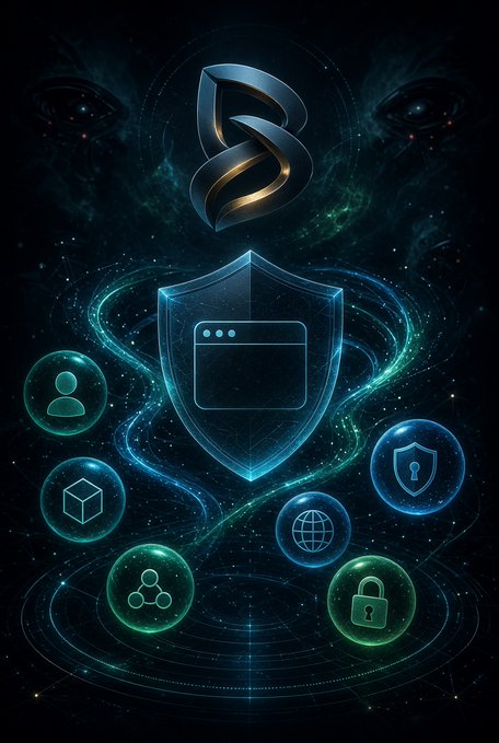 A digital artwork featuring a central glowing blue shield icon, surrounded by glowing teal and green circular icons representing user, cube, network, security, globe, and lock, all set against a dark cosmic background with faint face imagery.