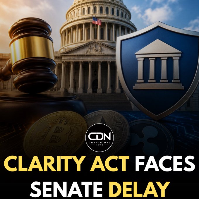 This image depicts cryptocurrencies like Bitcoin alongside a gavel and a shield with a courthouse emblem, representing the "CLARITY ACT FACES SENATE DELAY" and the intersection of crypto legislation with governmental institutions.