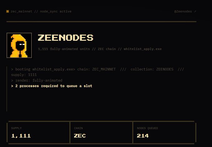 The image displays a Zeenodes NFT project dashboard on the ZEC mainnet, showing 1,111 fully-animated units with a status indicating "2 processes required to queue a slot" and 214 nodes queued. This relates to the post about accessing the @Zeenodes whitelist, showing the current state of the ZEC chain collection before the user initiated their encrypted payload transmission to request access.