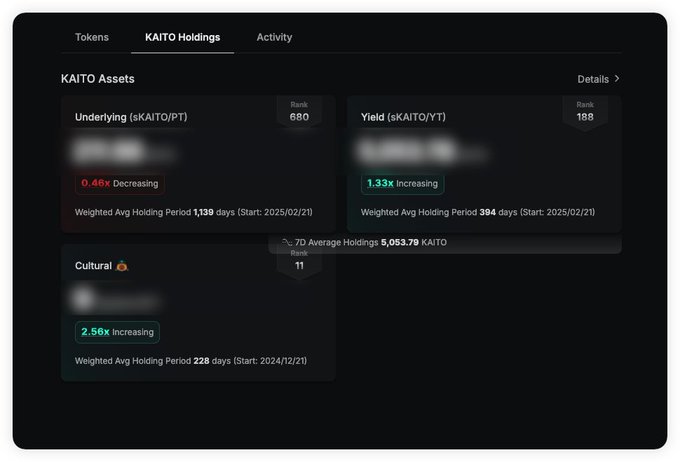 Dashboard displaying KAITO holdings and assets including Underlying (sKAITO/PT), Yield (sKAITO/YT), and Cultural tokens, showing metrics like ranking, percentage changes, and average holding periods.