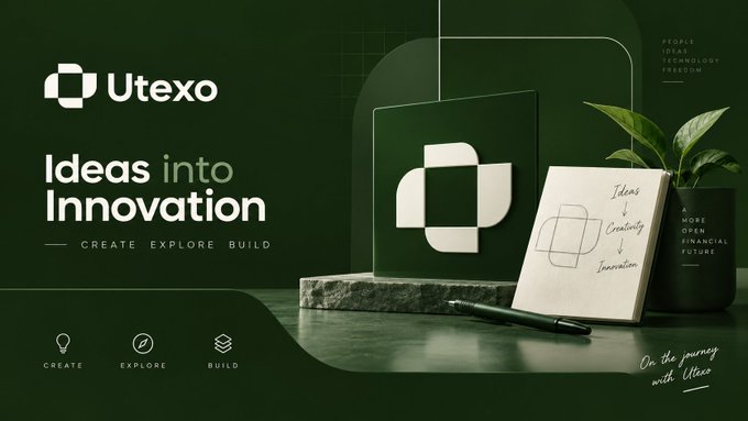 A promotional graphic for 'Utexo' featuring a green color scheme, the tagline 'Ideas into Innovation — CREATE EXPLORE BUILD,' and icons labeled CREATE, EXPLORE, and BUILD alongside a notebook displaying 'Ideas + Creativity = Innovation.'