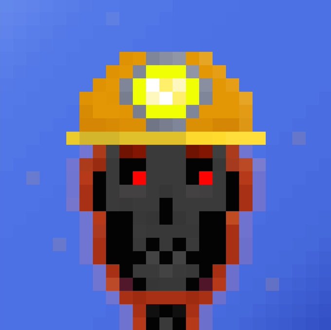 Pixel art depicting a dark skull with glowing red eyes wearing a yellow miner's helmet with a bright lamp against a blue background.