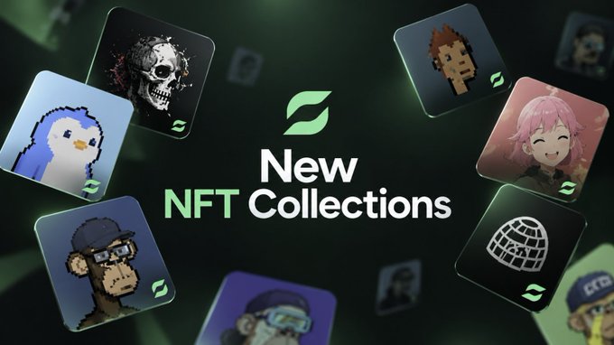 A promotional banner featuring the text "New NFT Collections" surrounded by various pixel-art NFT profile pictures, including a skull, penguin, pink-haired character, and Bored Ape-style monkey, illustrating the launch of 10 newly listed NFT collections.