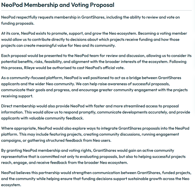The image shows a formal written proposal titled "NeoPod Membership and Voting Proposal," which requests voting membership in GrantShares so the NeoPod team—represented by Riley—can review funding proposals and cast official votes for the Neo ecosystem. The accompanying post announces that this proposal is now live on GitHub and will be put to an on-chain vote Friday, directly promoting the document shown.
