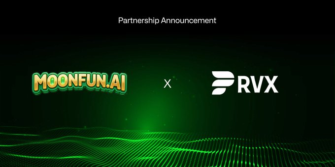 A partnership announcement graphic featuring the "MOONFUN.AI" logo on the left and the "RVX" logo on the right, separated by an "x" symbol against a green digital wave background, promoting the collaboration between MoonFun.ai and RubberVerseX.