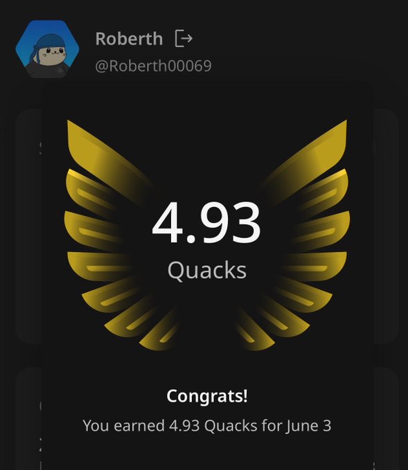The image shows a social media post with a gold-colored logo featuring a bird's wing design. The text below the logo reads "congrats you earned 4.93 Quacks for June 3". This message congratulates the user on their achievement of earning Quacks, possibly in a game or competition.