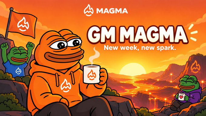 A promotional graphic featuring the 'MAGMA' logo with the text 'GM MAGMA' and 'New week, new spark.', depicting cartoon frogs in hoodies in a volcanic landscape, one holding a mug.