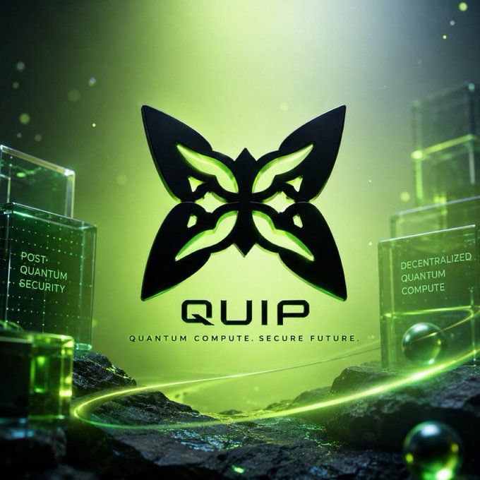 Marketing image for QUIP ('Quantum Compute. Secure Future.') featuring a butterfly logo, with text 'POST-QUANTUM SECURITY' and 'DECENTRALIZED QUANTUM COMPUTE' displayed on surrounding glass blocks.