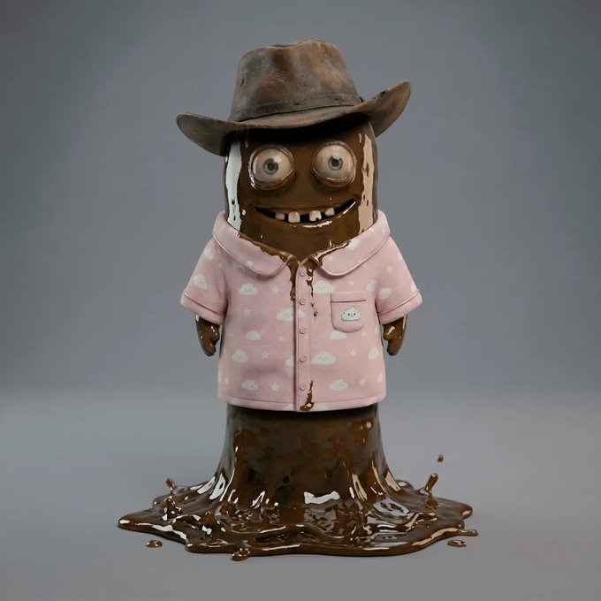 A 3D-rendered cartoon character made of brown liquid or mud, wearing a weathered cowboy hat and a pink pajama shirt with white cloud patterns, stands smiling with chocolate dripping down its face.