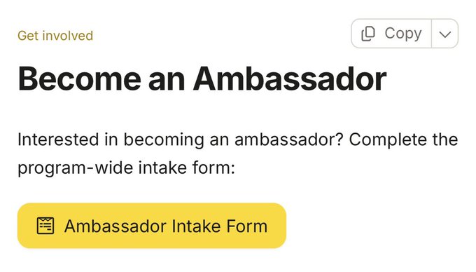 The image shows a "Get involved" section with the heading "Become an Ambassador," inviting interested individuals to complete the program-wide intake form via a yellow "Ambassador Intake Form" button. This aligns with the post's instructions for applying to the StellarOrg ambassador program, serving as a visual guide to the intake form step.