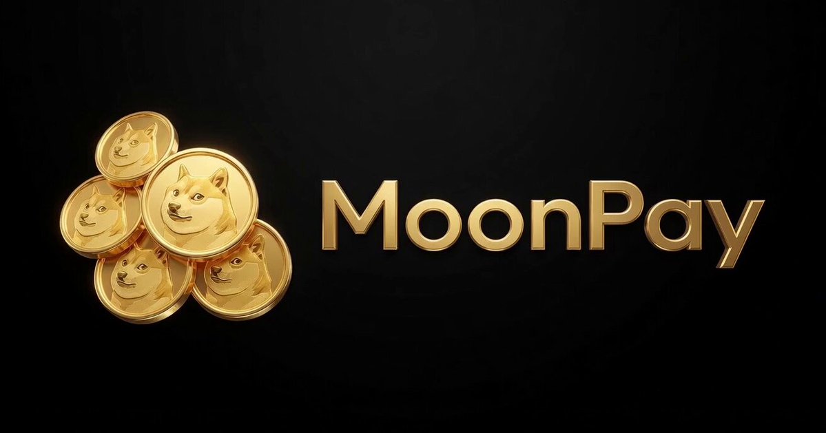 The image features a logo for MoonPay that includes a stack of gold coins with a dog face on top. The text "MoonPay" is written below the coins, indicating the company's name or brand. The image also contains some text that reads "DOGECOIN ADOPTION HAS JUST TOOK ANOTHER MAJOR STEP FORWARD @houseofdoge and its merger partner, Brag House Holdings $TBH), they're also building ÐOGE Pay", which suggests the company is expanding or developing their cryptocurrency offerings.