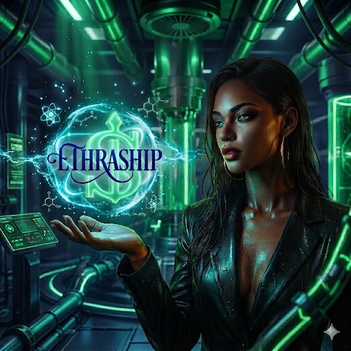 A cyberpunk-style digital artwork of a woman holding a glowing holographic orb displaying the 'ETHRASHIP' logo with a dollar sign, set in a futuristic green-lit industrial environment.