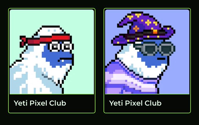 The image features two cartoon animals, a white snowman with glasses and a purple wizard hat, sitting next to each other. The caption below the image reads "I secured my @YetiPixelClub did you? Only on @KabilaApp ~ $HBAR". This suggests that someone has posted about these two characters in a Yeti Pixel Club post or social media account.