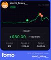 A small, low-resolution mobile screen showing a green trading chart with a +$80.09 gain and the FOMO app logo.