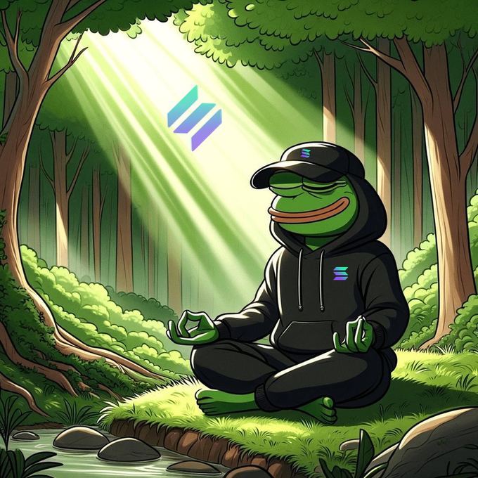The image depicts Pepe the Frog meditating peacefully in a lush, sunlit forest while wearing a black hoodie and cap featuring the Solana logo. The serene, zen-like pose of the frog paired with the Solana branding visually reinforces the bullish sentiment that "$SOL is going to $1,000+," suggesting calm confidence and inner peace about Solana's projected rise.