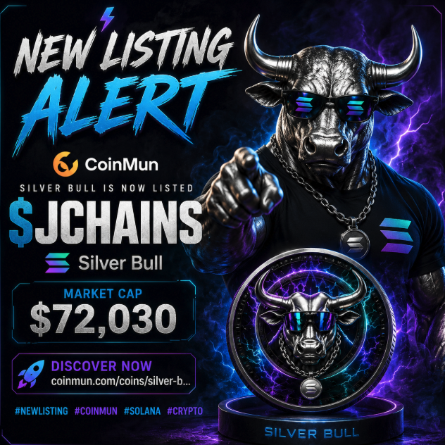 The image is a promotional graphic announcing the new listing of $JCHAINS (Silver Bull) on CoinMun, featuring a muscular silver bull mascot wearing sunglasses and a chain, set against a dark purple/blue background with a market cap of $72,030 displayed. The accompanying post aligns with this by celebrating the listing as another milestone for the Silver Bull community's growth across platforms.