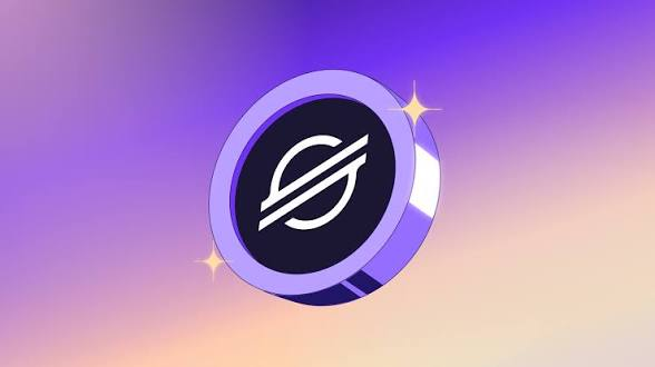A stylized 3D illustration of the Stellar (XLM) cryptocurrency logo, a purple circular emblem with an 'S' symbol, floating against a pink and purple gradient sky with sparkles.