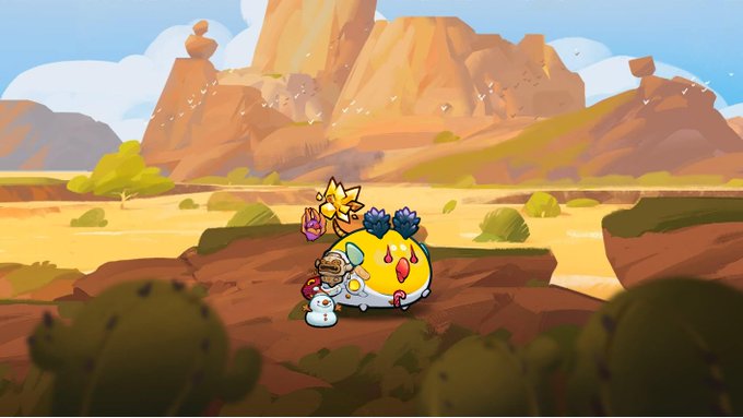 A player character wearing a red helmet rides a large, yellow egg-shaped creature with multiple bird-like heads and blue crest feathers through a rocky desert canyon landscape, while a small white companion follows alongside, capturing the eccentric and otherworldly nature of a "mystic axie" as mentioned in the post.