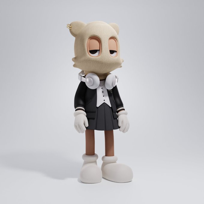 A 3D render of a bear-like figure wearing a beige knit balaclava, a black tuxedo jacket, a white shirt, a grey pleated skirt, and white gloves and shoes.
