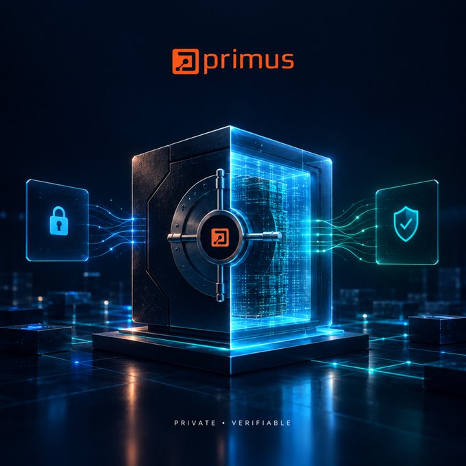 A promotional graphic for 'Primus' featuring a glowing digital vault with padlock and shield icons, emphasizing 'PRIVATE • VERIFIABLE' security.