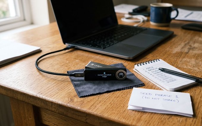 A Ledger hardware crypto wallet sits on a desk next to a laptop, with a note reading "SEED PHRASE 1 (DO NOT SHARE)" placed nearby.