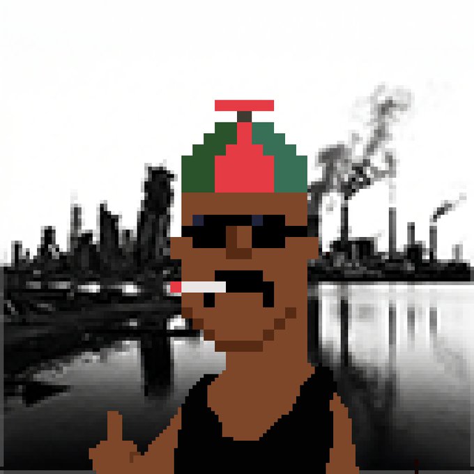 A pixel art illustration of a Black character wearing sunglasses and a green and red hat, smoking a cigarette, set against a black and white industrial cityscape background with smokestacks.