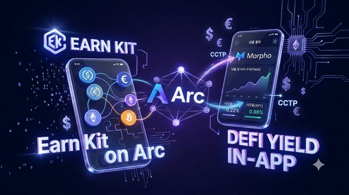 A promotional graphic for 'EARN KIT on Arc' and 'DEFI YIELD IN-APP' displaying smartphones with cryptocurrency logos, the Arc logo, and the Morpho DeFi interface with a CCTP connector.