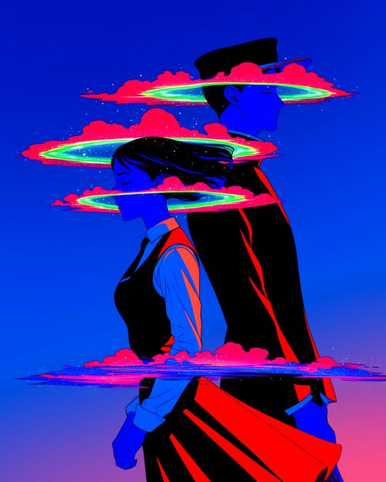 A stylized digital illustration depicts two silhouetted figures in profile wearing hats and uniforms, separated by horizontal bands of neon green clouds against a deep blue and pink gradient background.