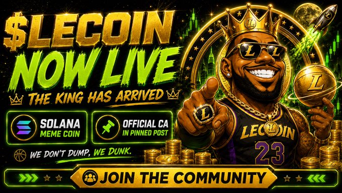 A promotional graphic for '$LECOIN NOW LIVE - THE KING HAS ARRIVED', featuring a cartoon basketball player with a crown and sunglasses, branded as a 'Solana Meme Coin' with an 'Official CA in Pinned Post' and a 'Join The Community' button.