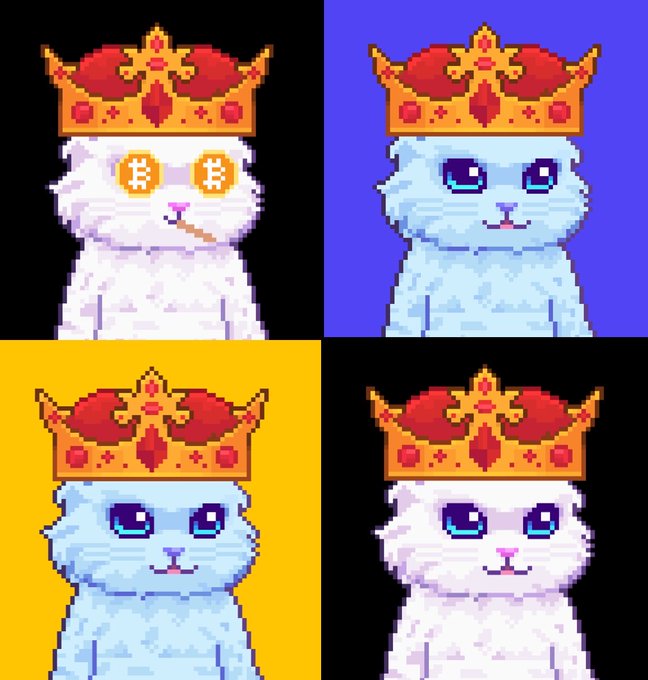 The image is a digital art piece featuring four cartoon cats wearing crowns with gold and red accents, sitting on various colored platforms or backgrounds of different sizes within squares. The caption provided explains that these "King Leo Cats" are a new team up from The Leo Cats, and they have recently achieved their 100 STX floor price. The post is titled "I brought up a few King Leo Cats", suggesting the image was created to share this accomplishment with others in the gaming community or pet lovers who appreciate digital art featuring beloved cartoon animals.