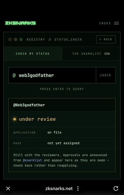 A screenshot of the ZKSNARKS website showing a registry status check page for the user '@web3godfather' with the status 'under review' and 'application on file, pass not yet assigned.'