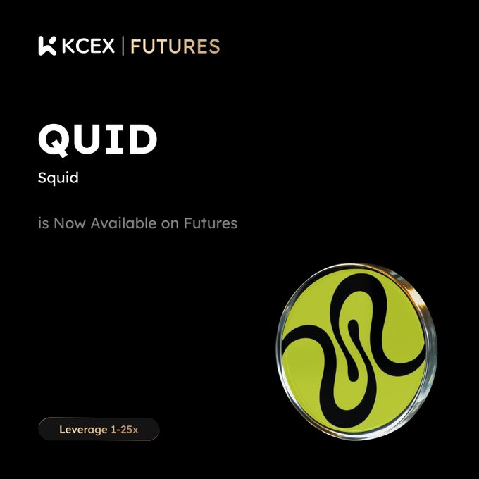 A promotional graphic from KCEX FUTURES announcing that QUID (Squid) is now available on Futures with leverage of 1-25x, featuring a yellow coin with a black tentacle logo.