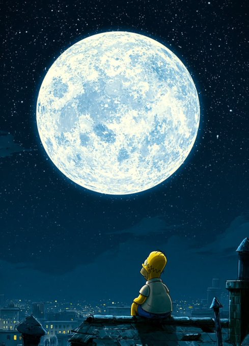 An animated scene of Bart Simpson sitting on a rooftop, gazing up at an enormous, detailed full moon against a starry night sky above a city.